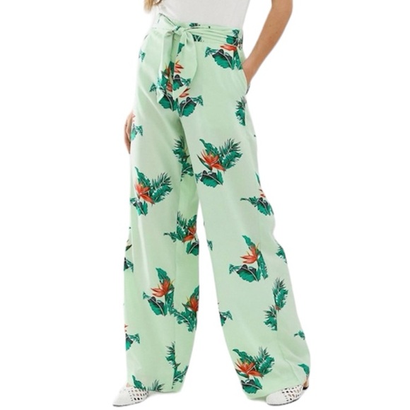 NWOT Mango floral wide leg pants in green boho leaf flower print size large - Picture 1 of 16